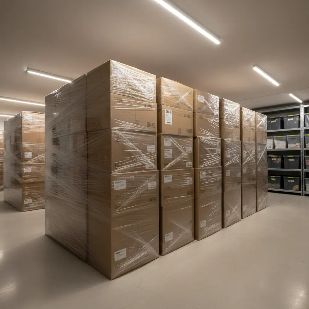Neatly stacked cardboard boxes wrapped in protective clear plastic sit on a clean floor in a bright storage unit.