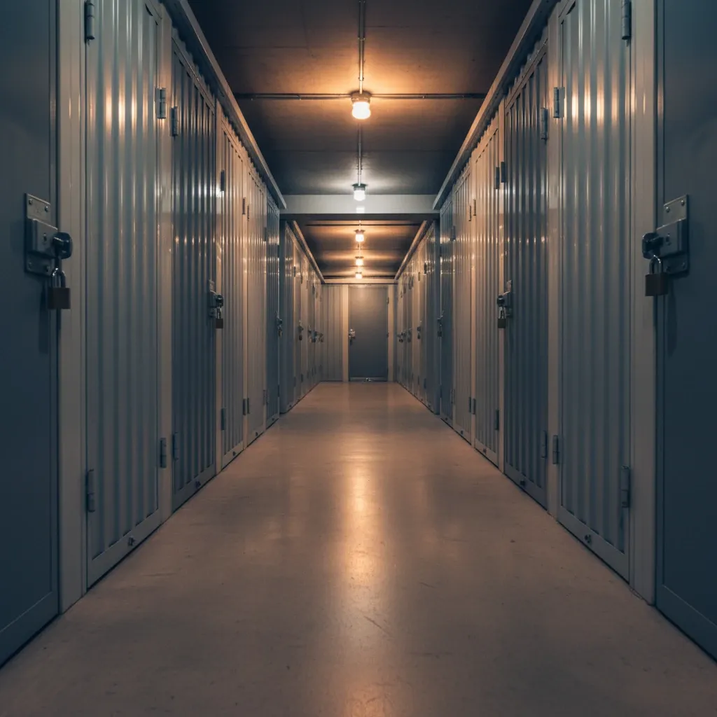 A low angle view of reinforced metal storage unit doors lining a long corridor under soft industrial indoor lighting.