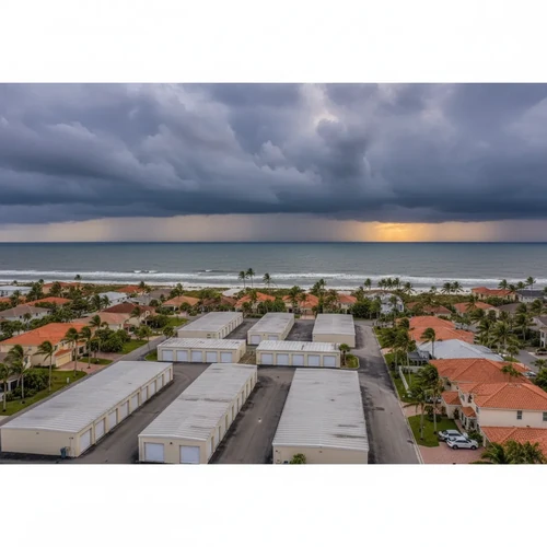 Aerial view of dark storm clouds rolling over a Florida coastal neighborhood with palm trees and terracotta rooftops.